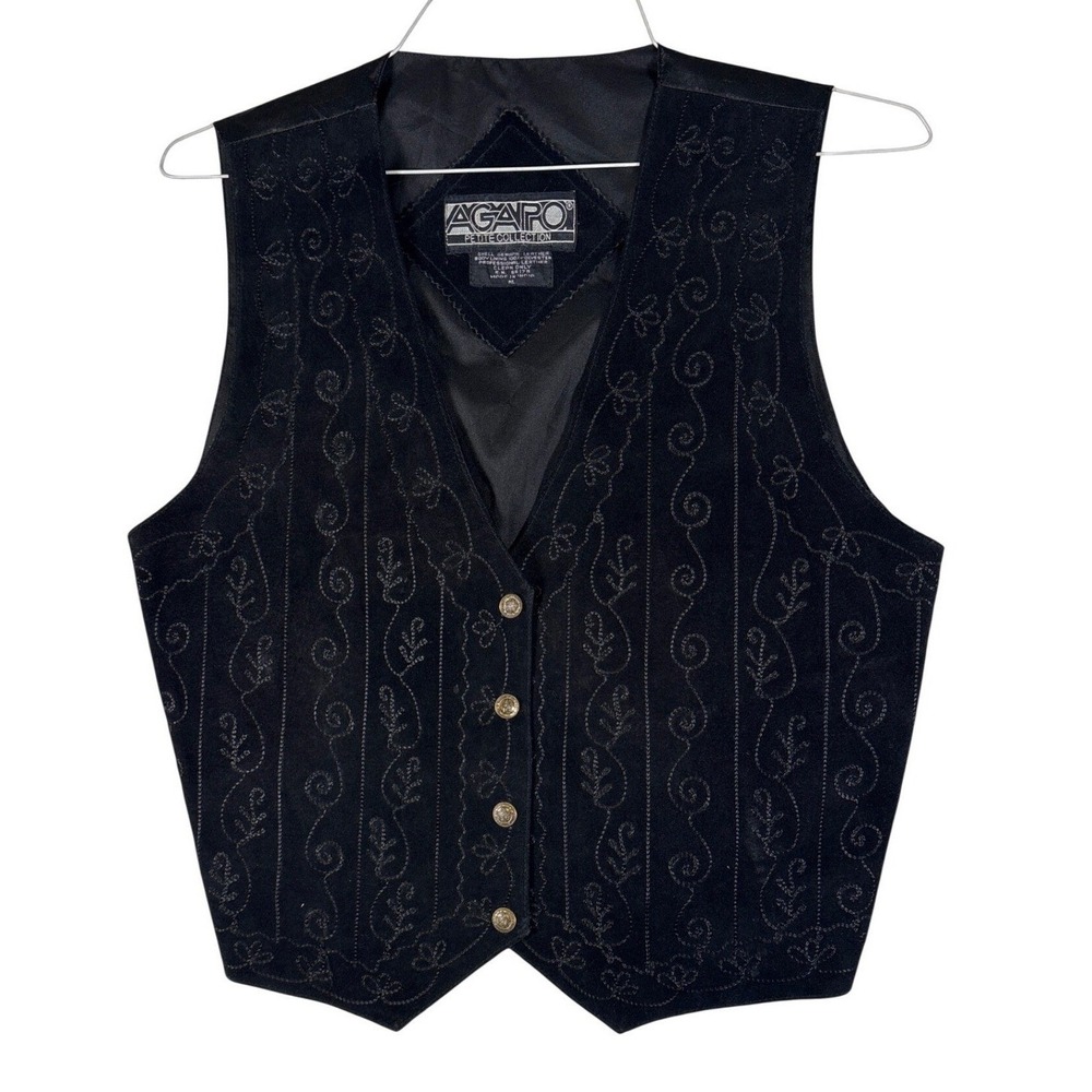 Agapo Petite Black Leather Suede Embroidered Vest Gold Buttons Western Boho PL